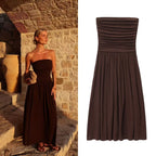 Elegant Strapless Off Shoulder Pleated Maxi Dress With Slim Silhouette
