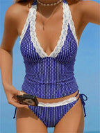 Blue Polka Dot Bikini Set With Lace Trim V Neck Tank Top And Tie Side Thong Bottom For Summer Beach Days