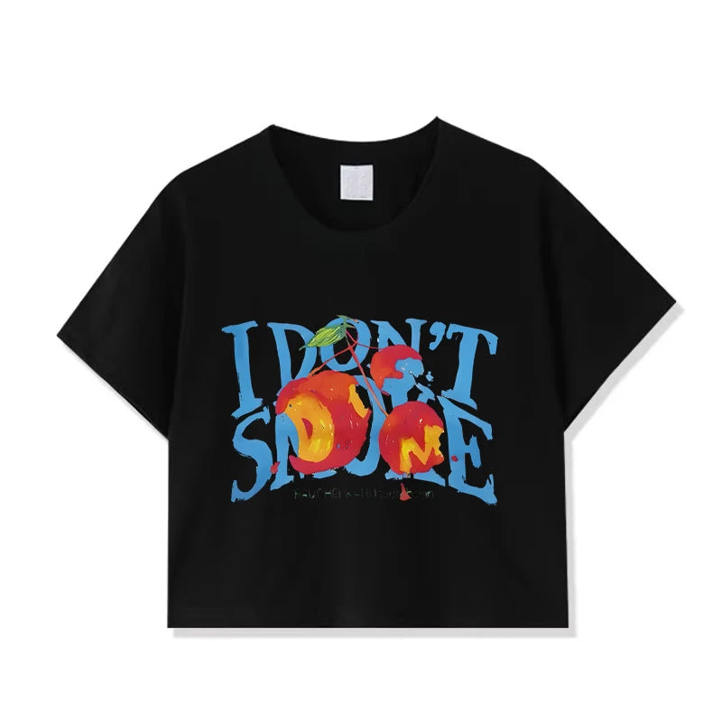 Cherry Graphic Cropped Tee With I Do Not Smoke Message One Hundred Percent Cotton Women's Top