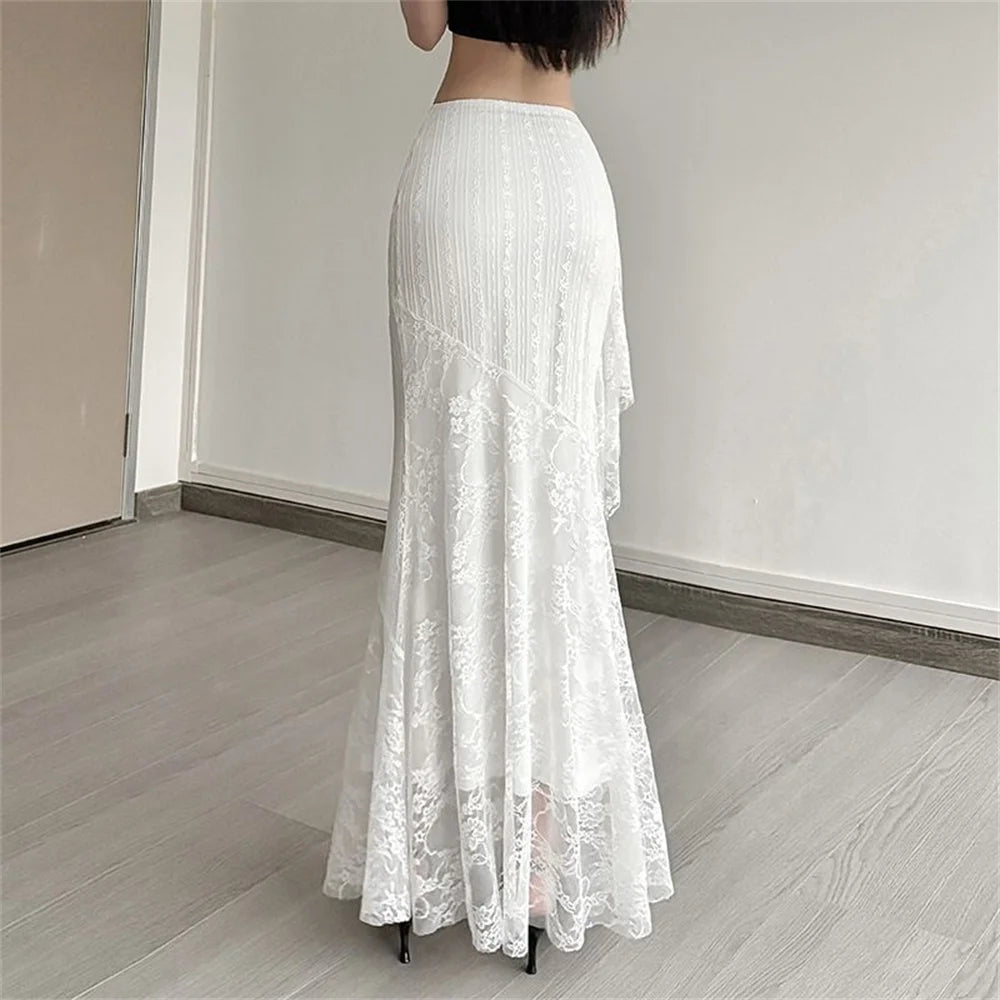 Patchwork Lace Pleated Skirt With High Waist Irregular Hem Cream Ruched Elegance