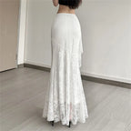 Patchwork Lace Pleated Skirt With High Waist Irregular Hem Cream Ruched Elegance