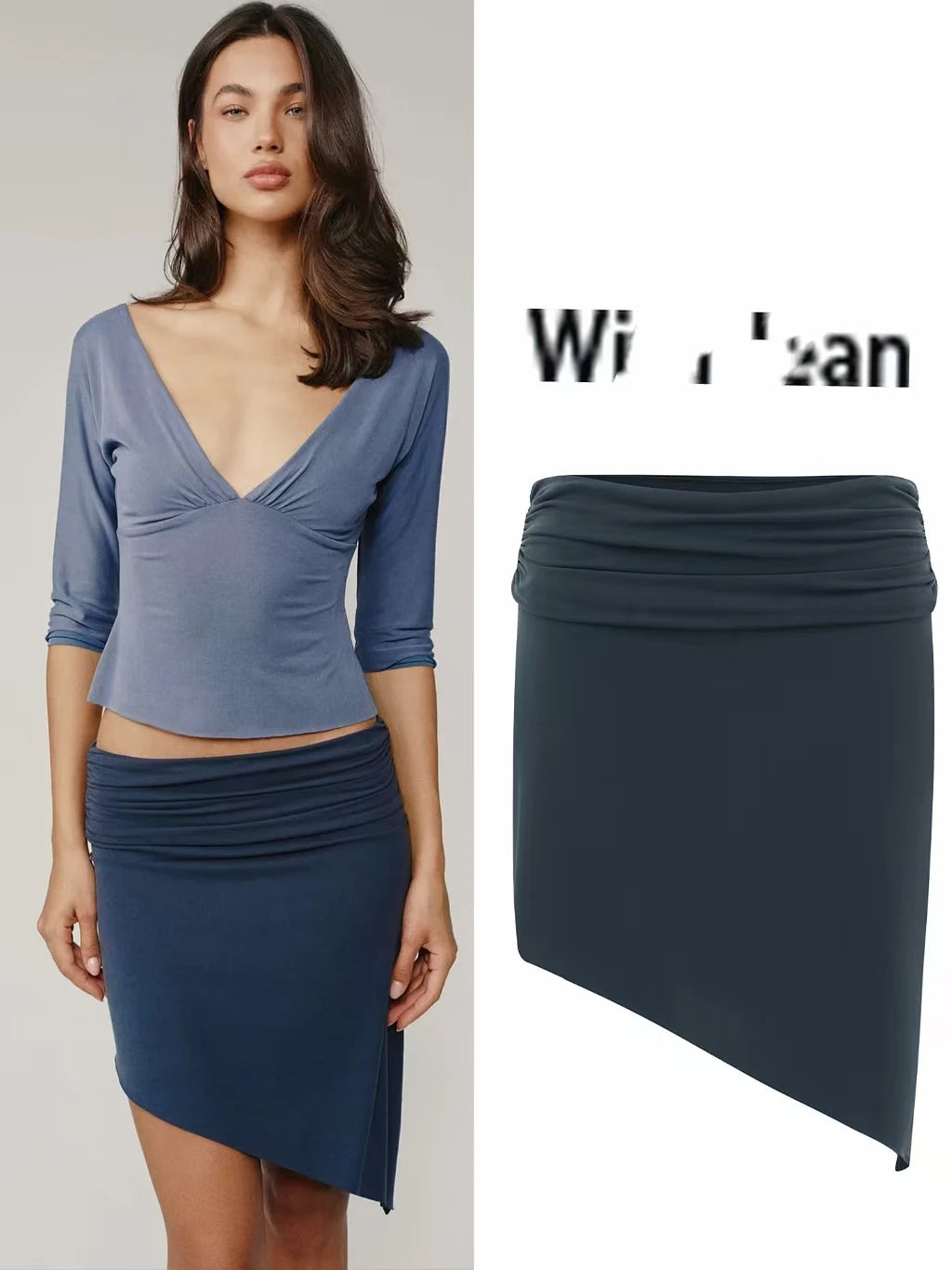 V Neck Mid Sleeve Cropped Long-sleeves Blouse