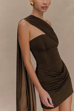 One Shoulder Backless Mini Dress With Draped Ruched Silhouette