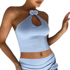 Floral Hollow Out Cross Back Tank Top With Flower Decor Cropped Sleeveless