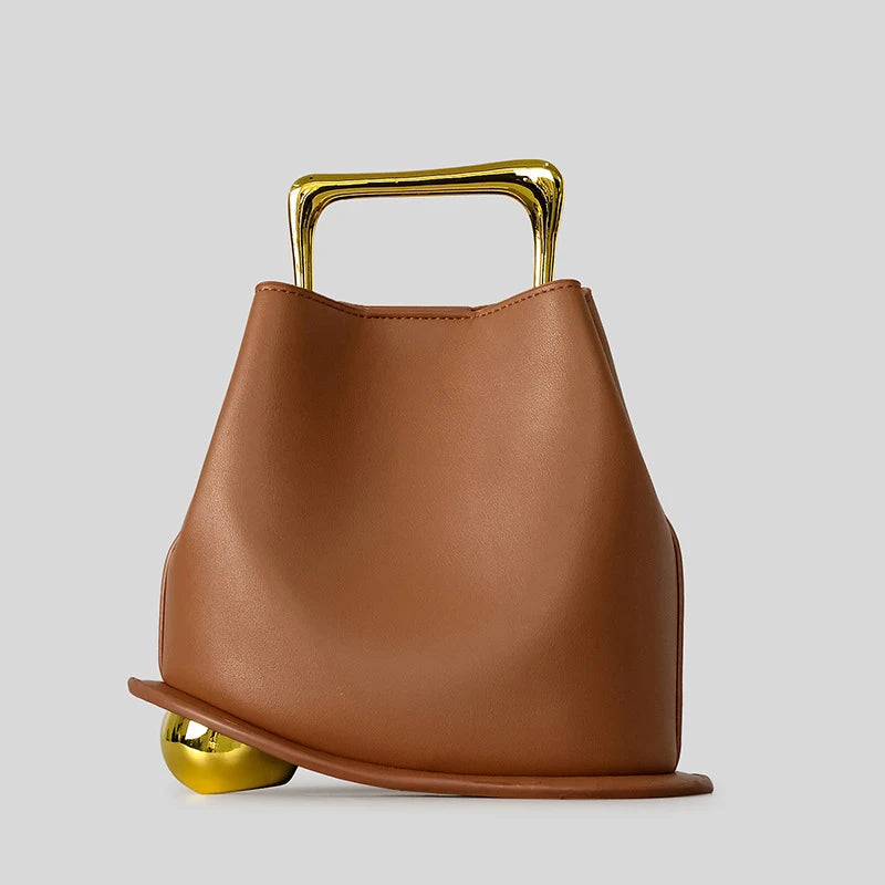 Gold Metallic Irregular Bucket Bag With Ball Base Leather Tote