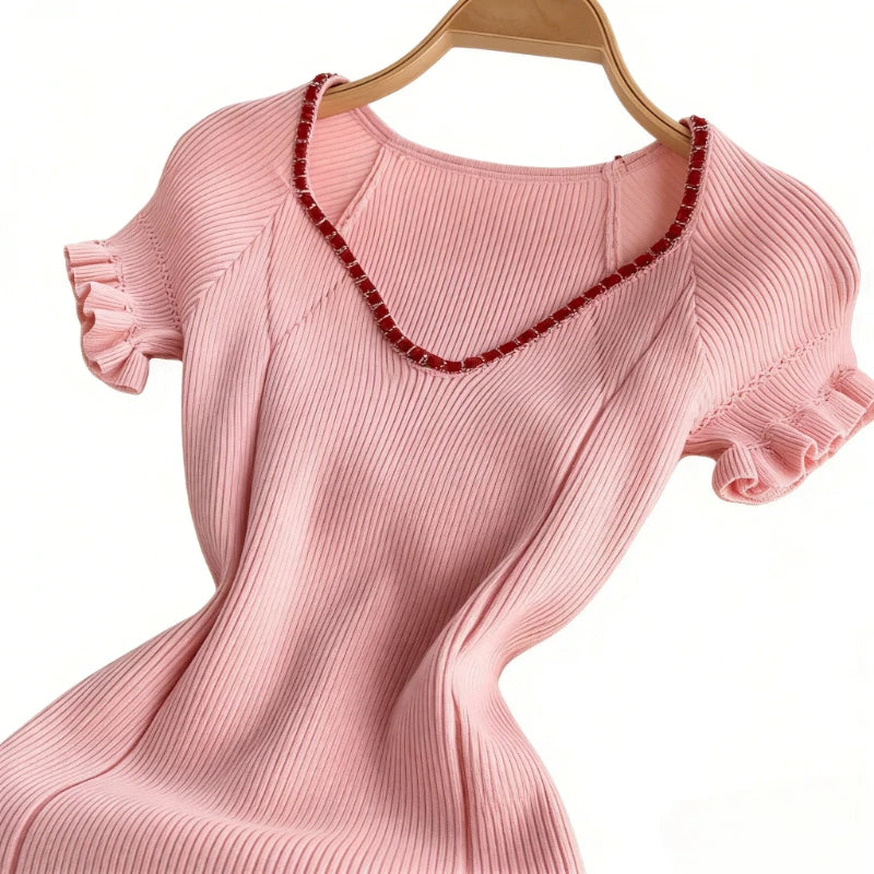Ribbed Knit Sundress With Ruffle Trim V Neck Chic Glam Glow