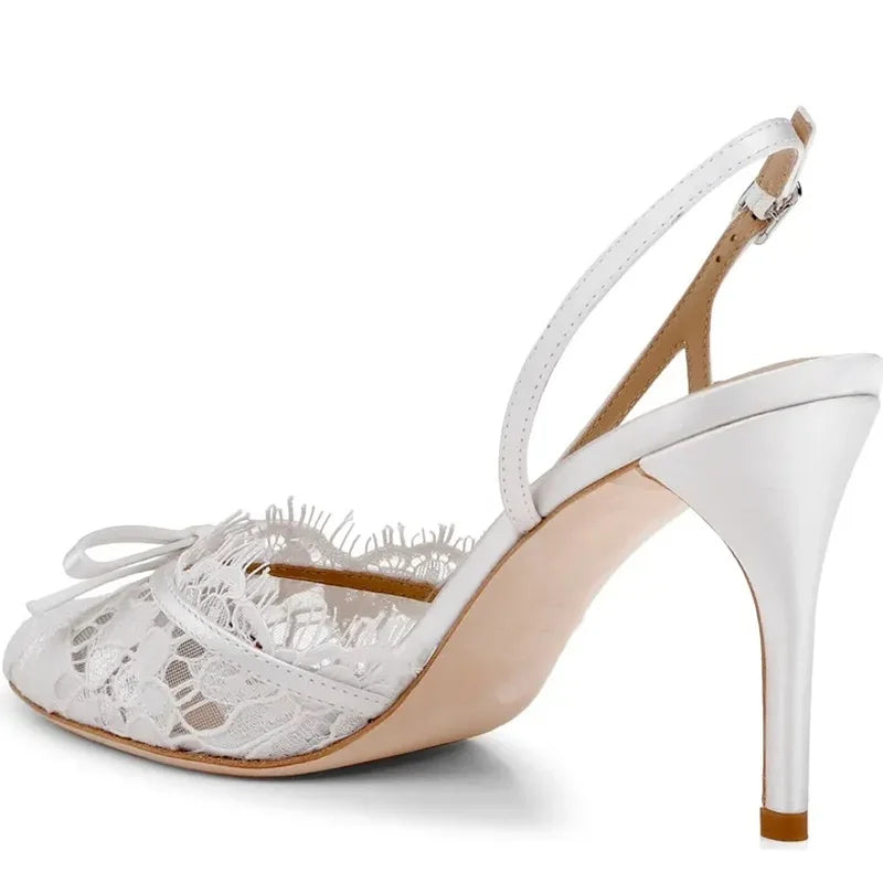 Butterfly Knot Lace Shingback Sandals With Buckle Strap Pointed Toe Slim Heels