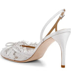 Butterfly Knot Lace Shingback Sandals With Buckle Strap Pointed Toe Slim Heels