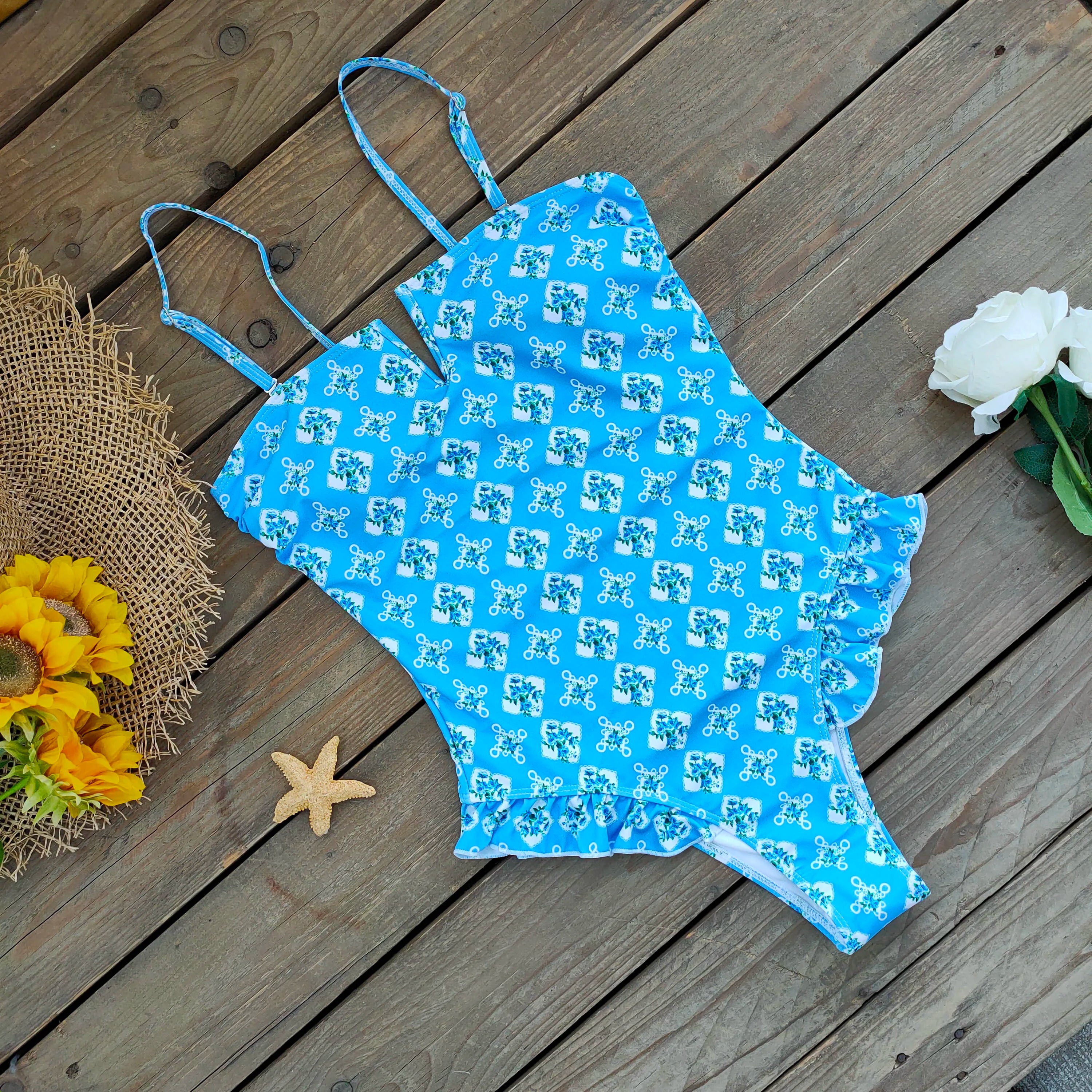Bandage One Piece Swimsuit Women Swimwear Ruffle Bodysuit Monokini