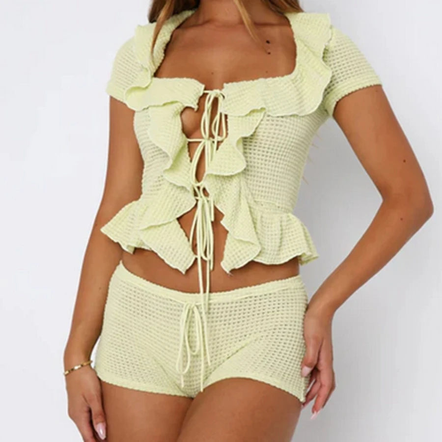 Women Hollow Shorts Outfits Solid Color Ruffles Tie-Up Front Short Sleeve Crochet Tops Shorts 2 Pieces  Set