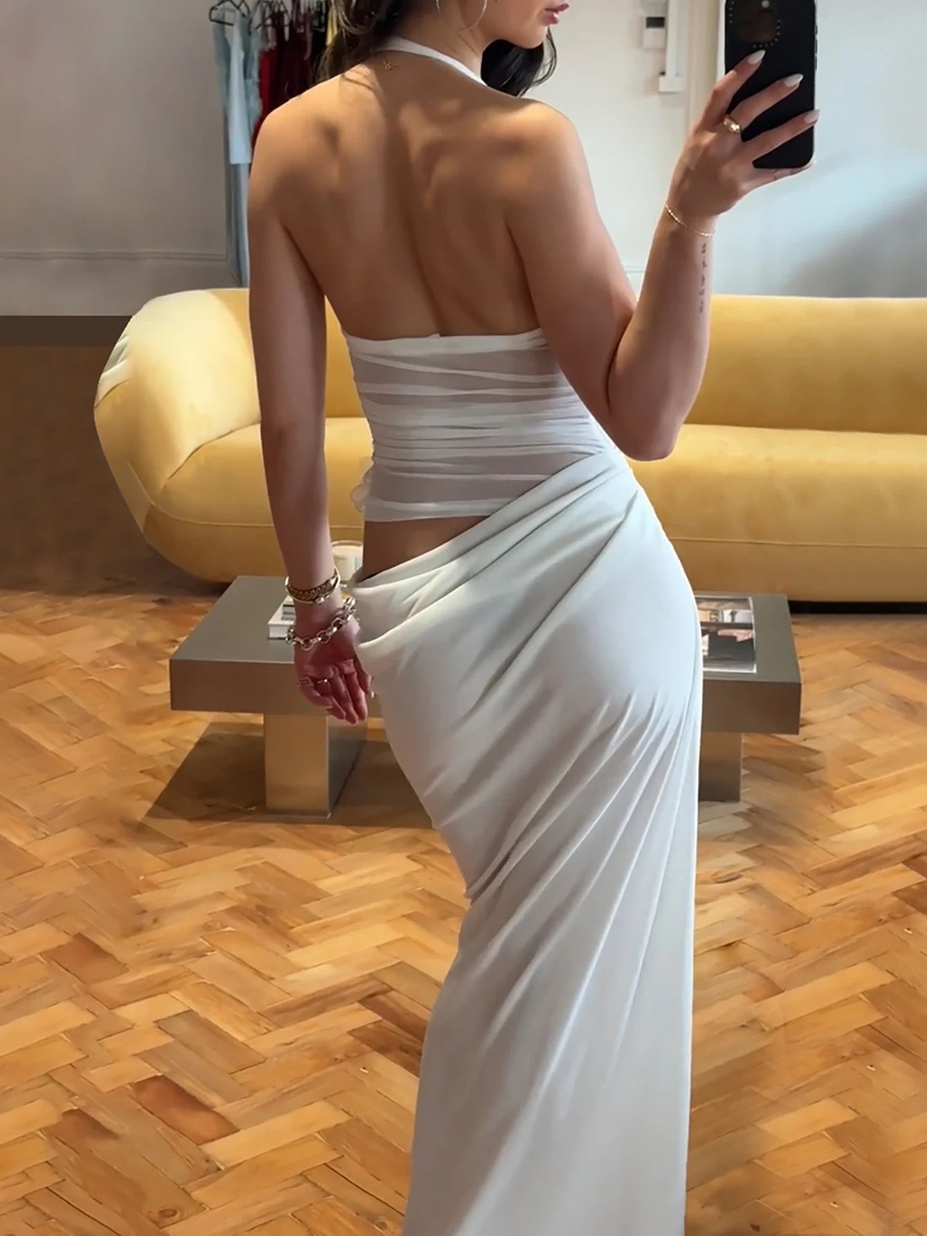 Halter Backless Sheer Mesh Maxi Dress With Floral Embellishment