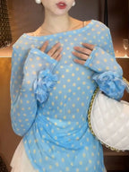 Breezy Ocean Blue Polka Dot Sheer Blouse With Long Sleeves And Boat Neck