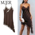 Lace Slip Mini Dress With Satin Backless Asymmetric Cut