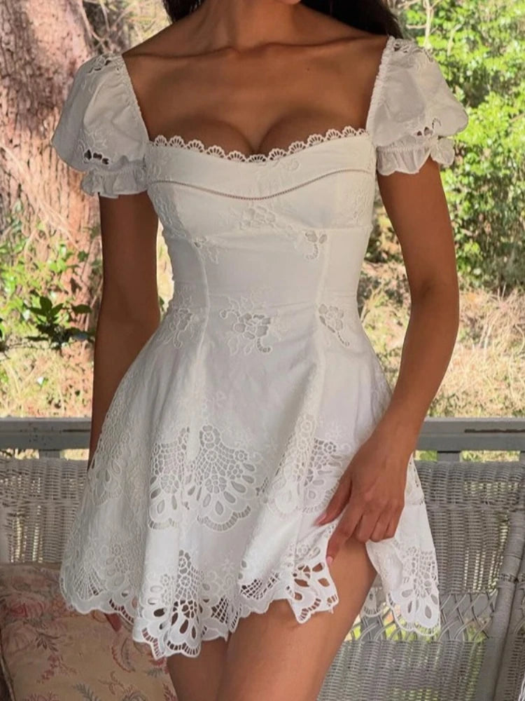 Lace Hollow Mini White Women's Bubble Sleeve Square Neck A-line Pleated Dress