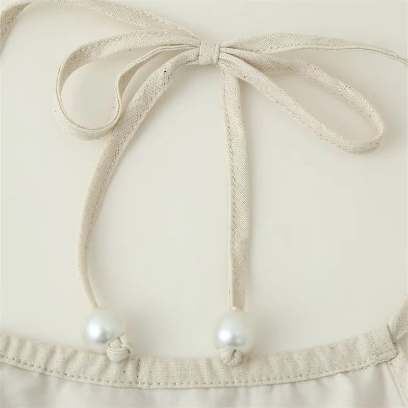 Sunny Floral Embroidered Beaded Tie Neck Halter Top