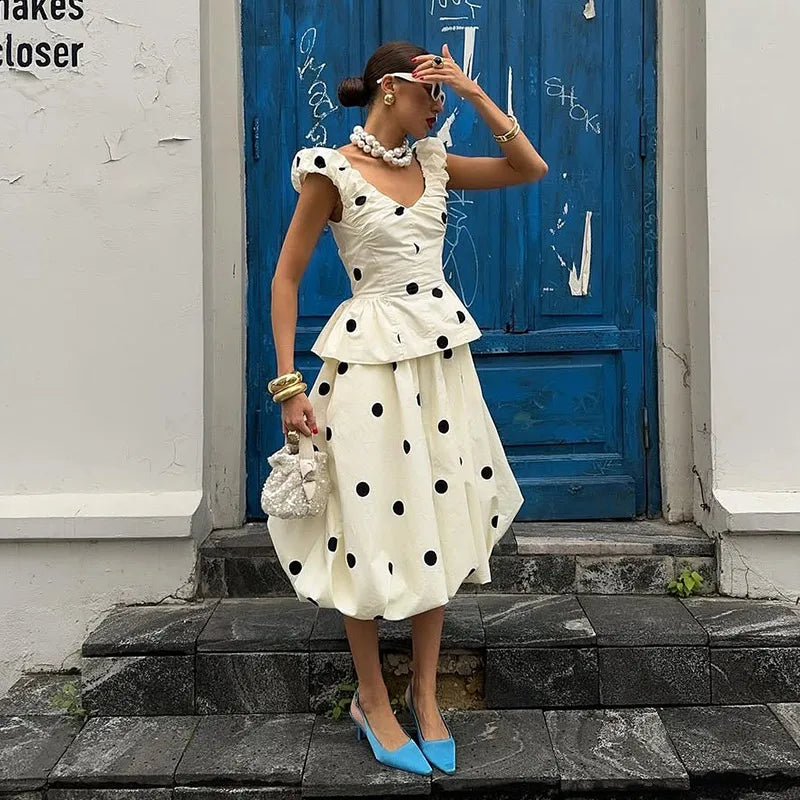 Fashion Women's Lady Suit Halter A-line Tops Bud Loose Skirt Polka Dot Set