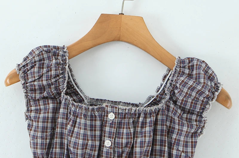 Sweet Plaid Chic Single Breasted Cropped Tops French Square Collar Puff Sleeve Blouse