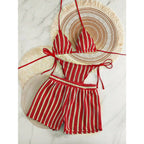 Retro Striped 3 Pieces Knitted Mesh String Bikini Set Swimsuit
