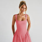 Gingham Square Neck A-Line Midi Dress With Pockets