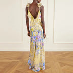 Floral Boho Sleeveless Maxi Dress With Flower Straps V Neck