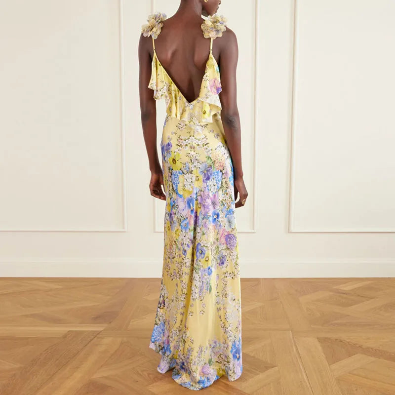 Floral Boho Sleeveless Maxi Dress With Flower Straps V Neck