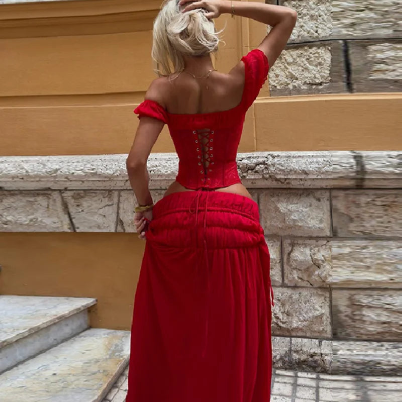 Boho Corset Two Piece Set With Lace Crop Top And Flowy Maxi Skirt
