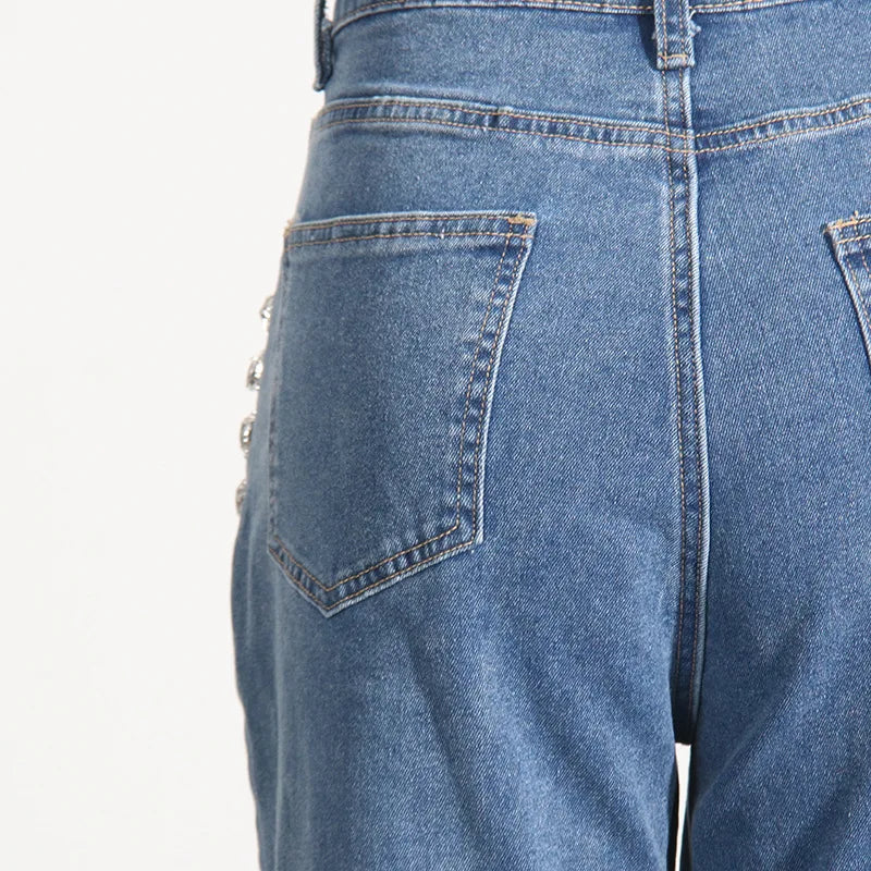 Glimmering Rhinestone Patchwork Denim With Loop Detail For A Chic Straight Leg Silhouette