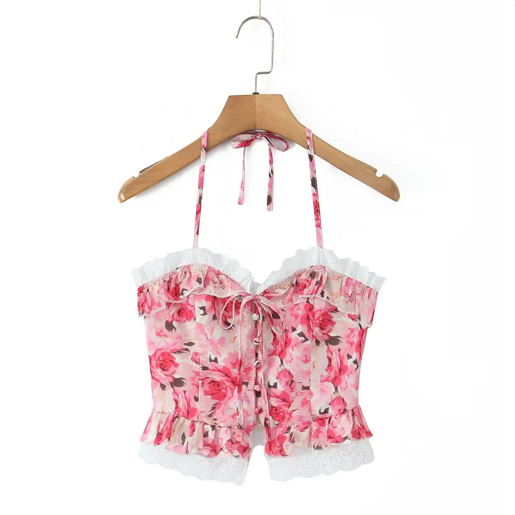 Boho Floral Print 2 Pieces Skirts Set Holiday Summer Women Sexy Backless Halter Top + Mini Skirt