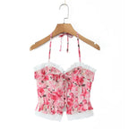 Boho Floral Print 2 Pieces Skirts Set Holiday Summer Women Sexy Backless Halter Top + Mini Skirt