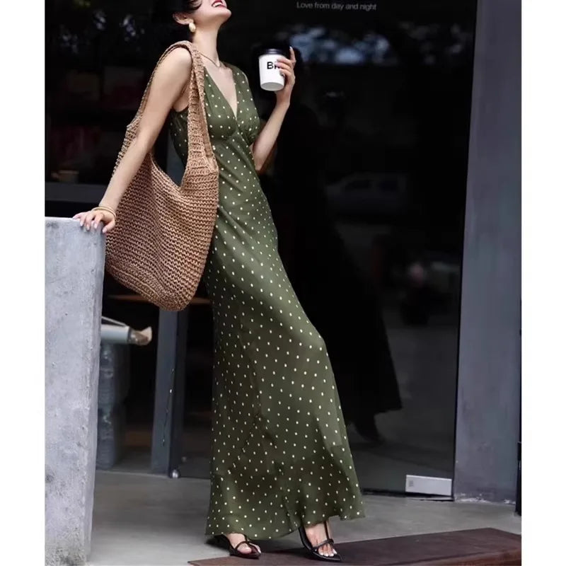 Polka Dot Chiffon V Neck Dress For Women