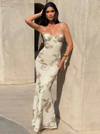 Chic Floral Embroidered Backless Maxi Dress With Low Neck And Crossback