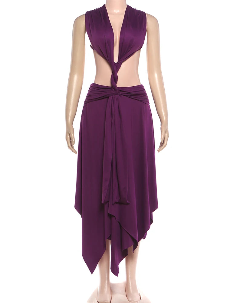 Purple Backless Patchwork Waistless Maxi Dress Irregular Hem