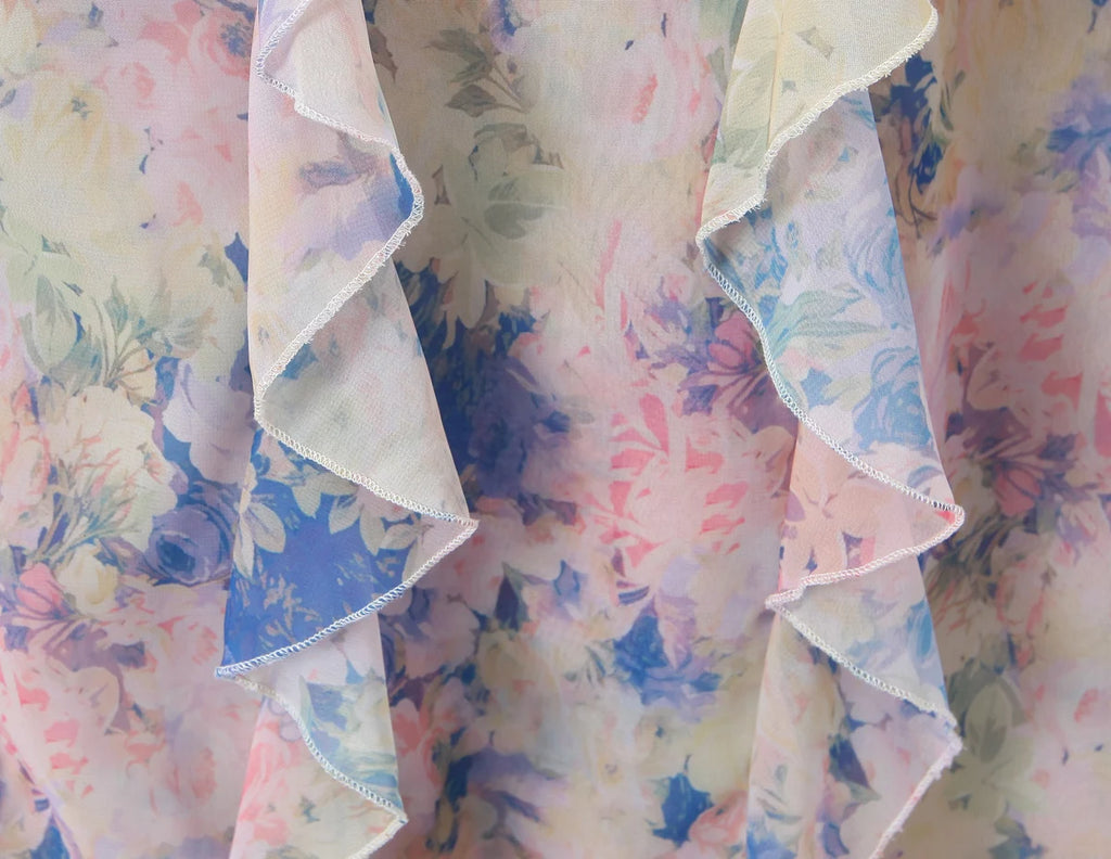 Gradient Floral Ruffles Chiffon Dress With V Neck Backless