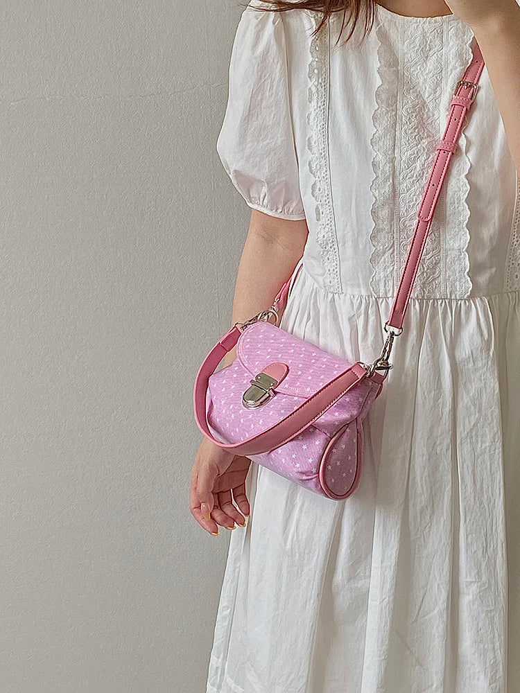 Contrast Color Star Print Crossbody Bag for Women Lightweight Shoulder Purse With Buckle