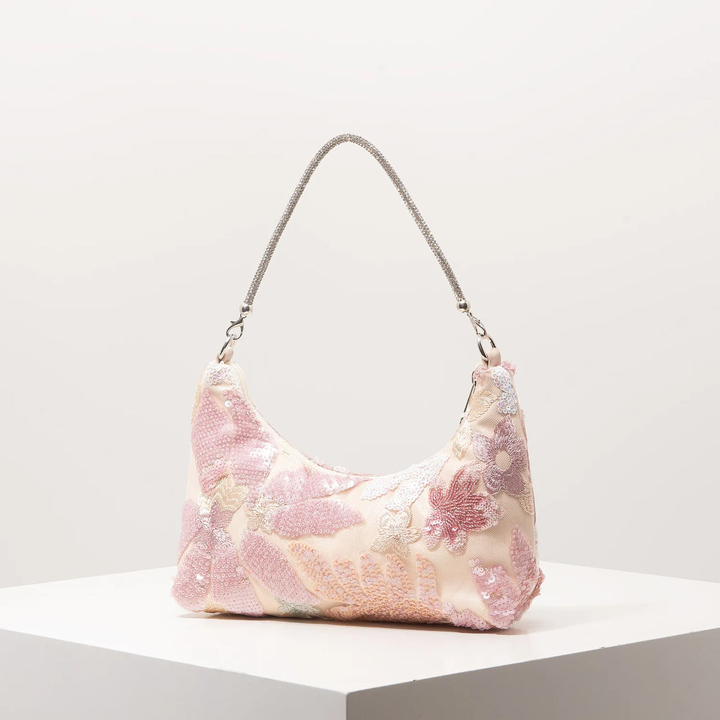 Floral Embroidered Sequin Shoulder Bag For Women Crescent Shape Evening Purse