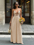 Sea Breeze Striped Deep V Beach Dress With Backless Sleeveless Maxi
