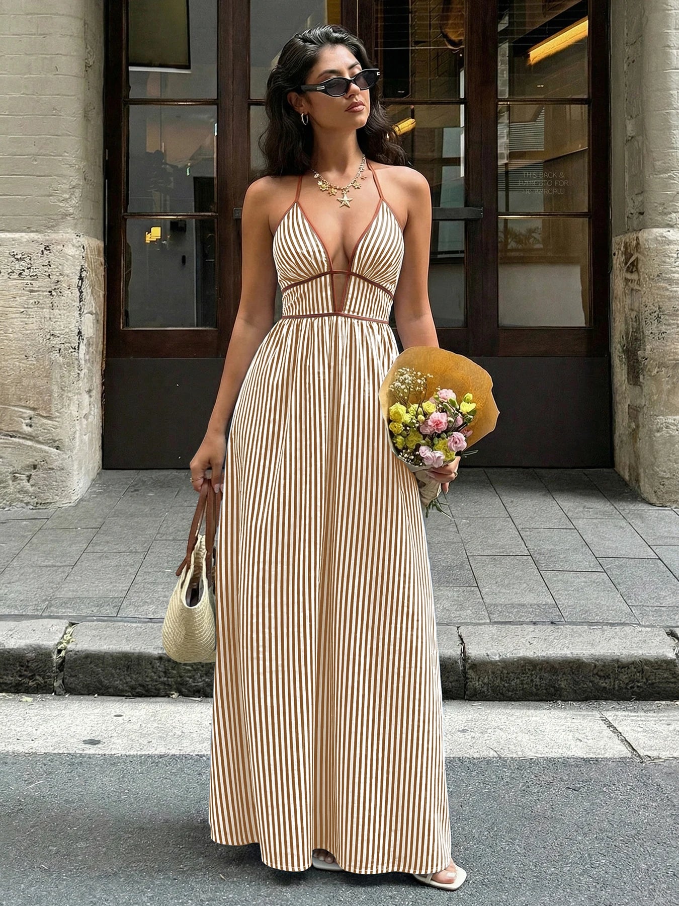 Sea Breeze Striped Deep V Beach Dress With Backless Sleeveless Maxi