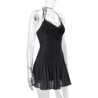Black Lace See-Through Mini Lace-Up Contrast High Waist Backless Slim Dress