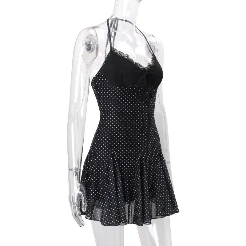 Black Lace See-Through Mini Lace-Up Contrast High Waist Backless Slim Dress