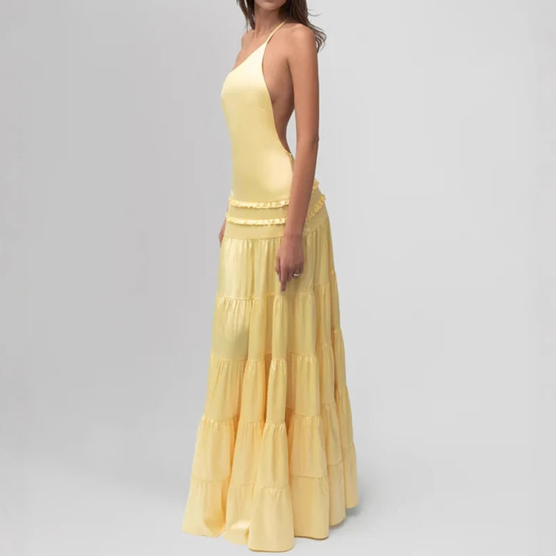 Off Shoulder Backless Evening Dress With Pleats And Ruffled Edges Diagonal Collar Floor Length