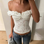 Flirty Sheer Lace Crop Top With Ruffle Trim Off Shoulder Twist