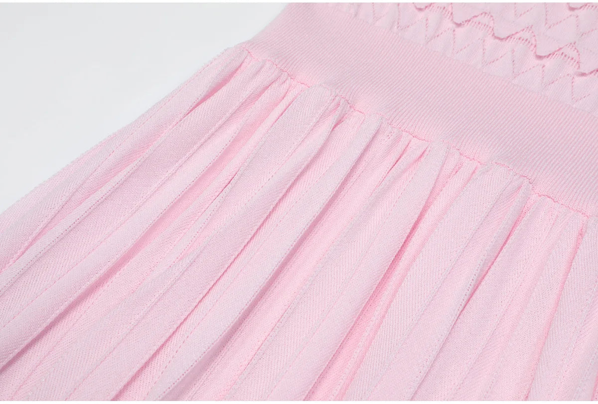 Knit Maxi Dress With Short Sleeve Hollow Detailing And Pleated Skirt