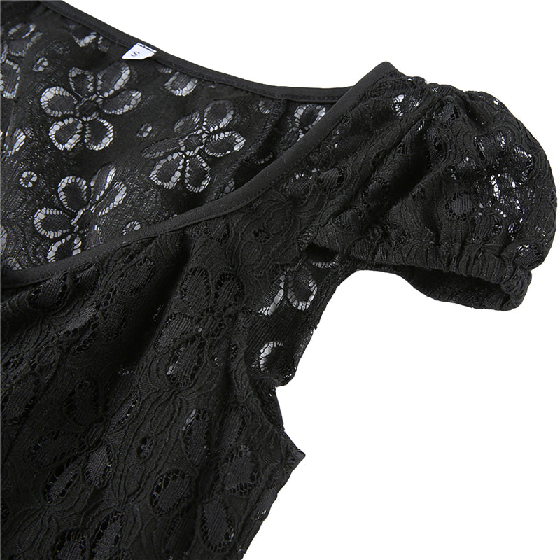 Sheer Lace Mini Dress With V Neck Short Sleeves Hollow Details