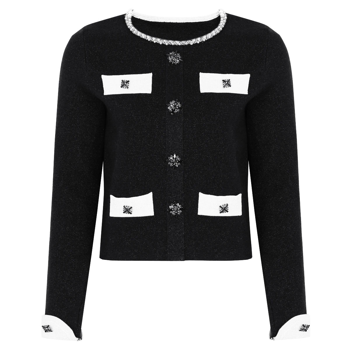 Diamond Buckle Knit Top With Elastic Fit Long Sleeve Pullover Round Neck For Women