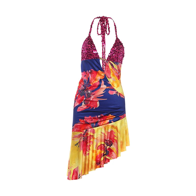 Vibrant Patchwork Sequin Halter Dress With Colorful Flower Print And Irregular Hem