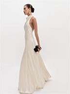 White Satin Halter Neck Gown With Backless Design Floor Length Dress