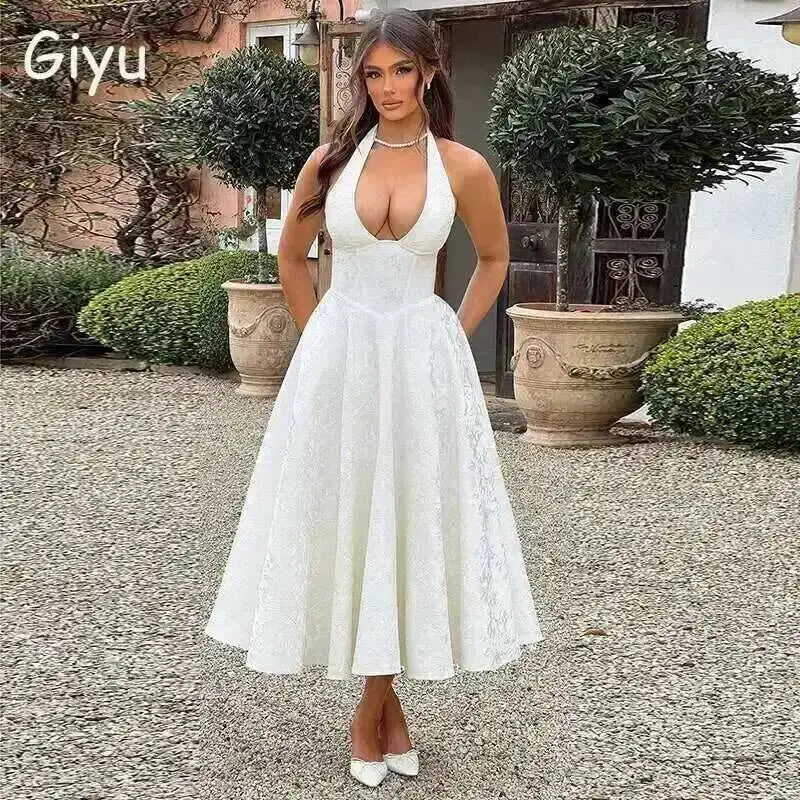 Backless Halter Evening Dress With Lace Jacquard For Elegant Special Occasions