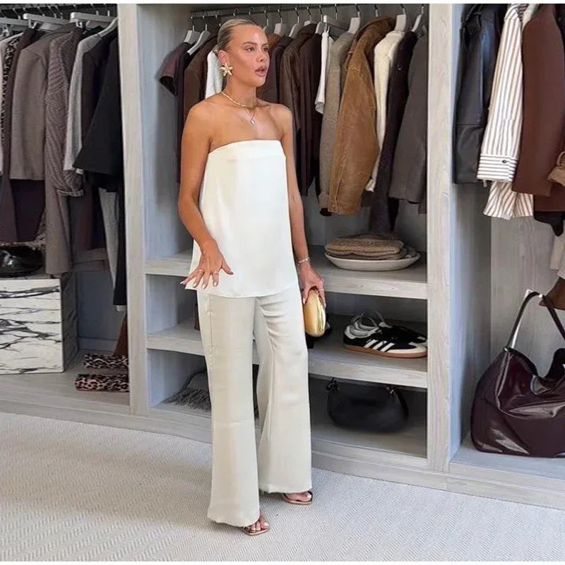 Chic Two Piece Set With Backless Tube Top And Wide Leg Pants