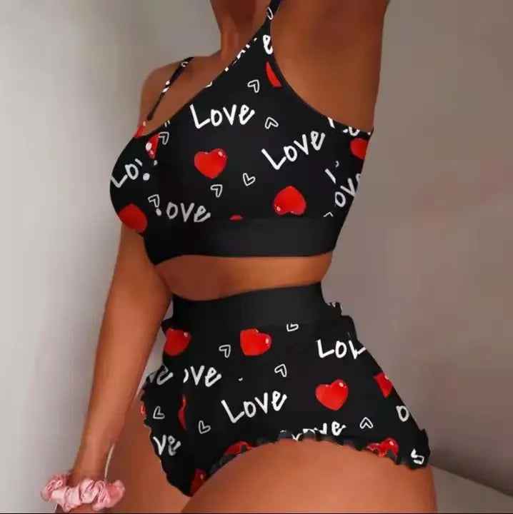 Two Piece Set Women's Pajama Shorts Suit Multiple Print Underwear Sexy Lingerie Camisoles