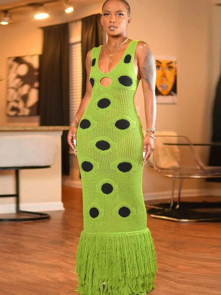 Midnight Sleeveless Knit Maxi Dress With Hollow Dot Tassel Hem